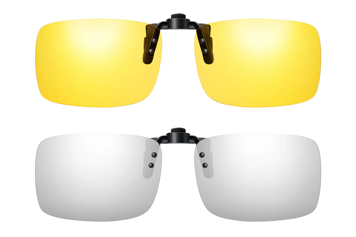 2 Pack Polarized Night Driving Clip-On Glasses – Rectangle TH-CP809 – Night Lenses & Day Lenses Silver