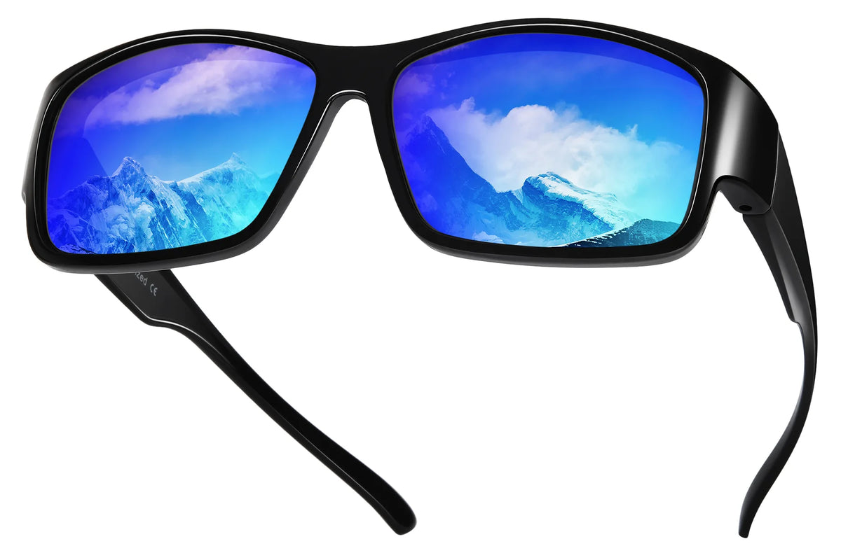 Polarized UV400 Fit-Over Sunglasses – Rectangle TH-DY025 – Glossy Black Frame/Blue Mirrored Lens