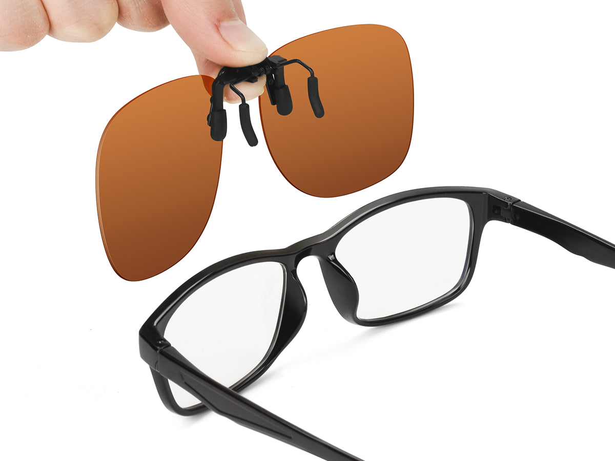 Clip-On sunglasses attached to prescription glasses