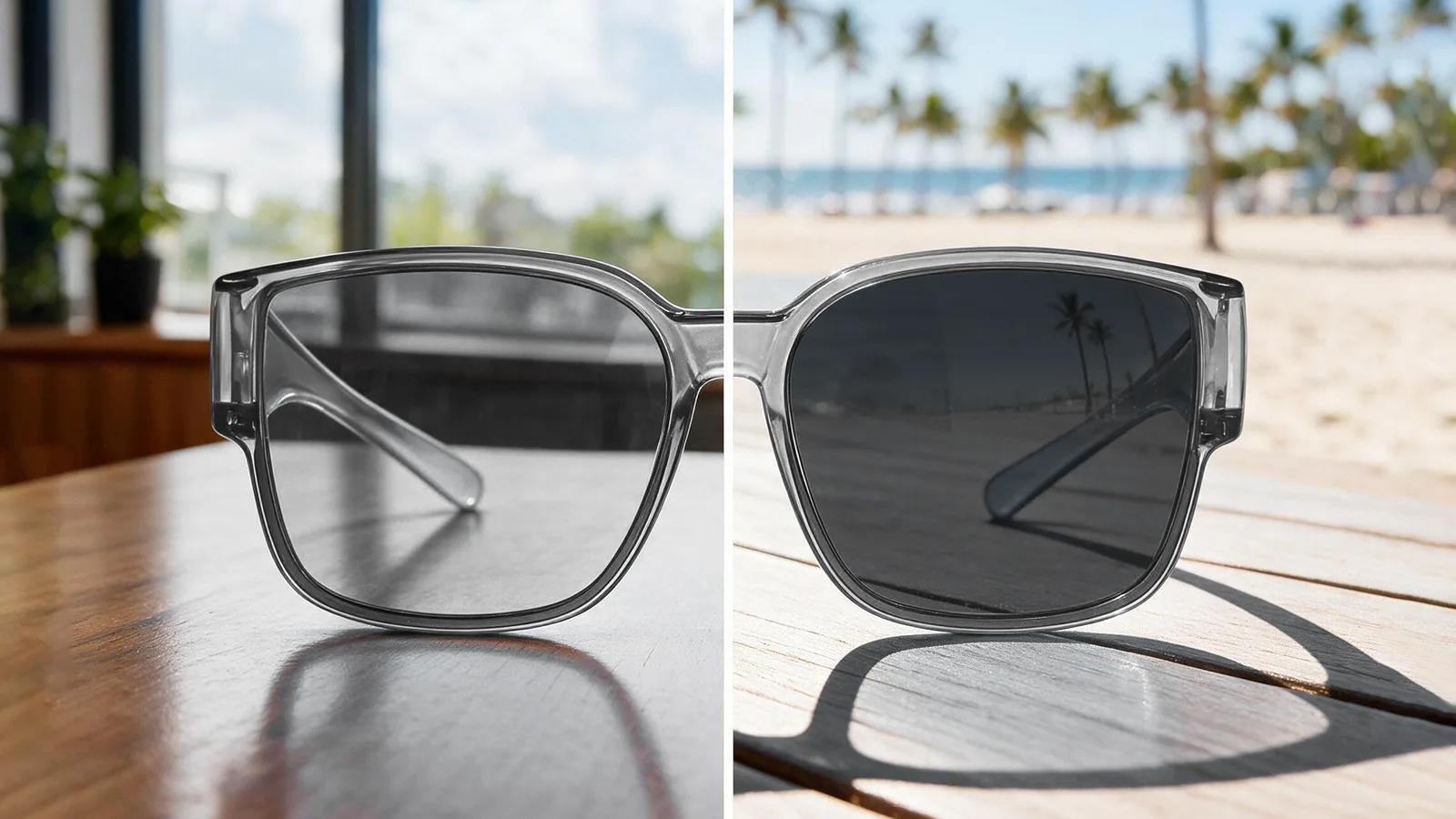 Photochromic lens becoming darker with stronger outdoor ultraviolet exposure