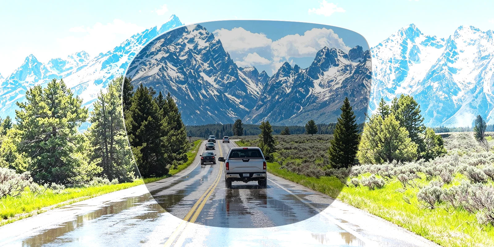 Illustration of a tinted lens over a bright mountain road scene